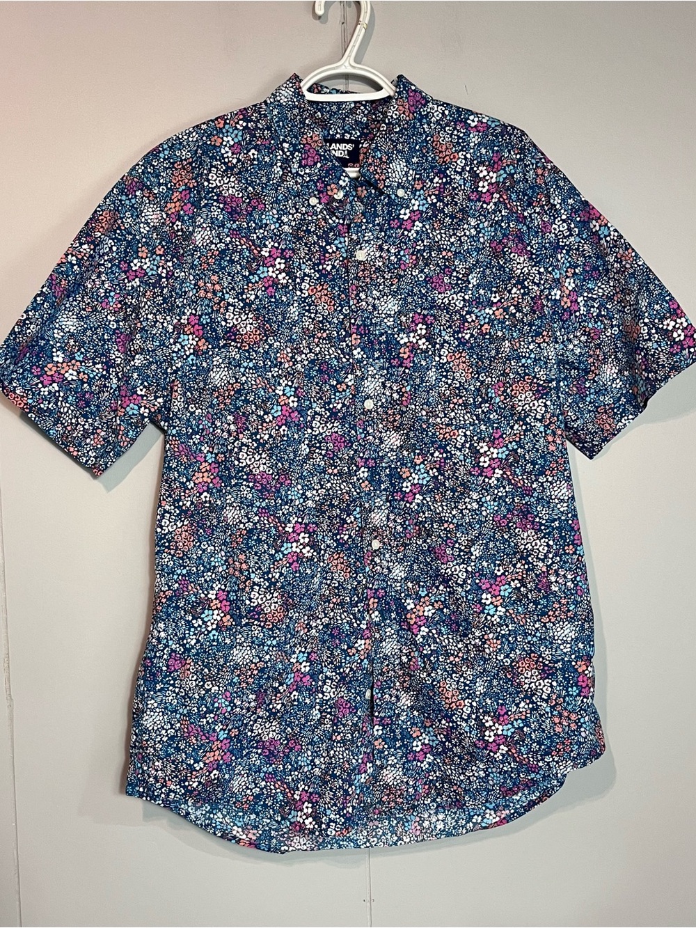 Lands’ End Floral Button-Up Shirt Blue Pink Teal Cotton L/T